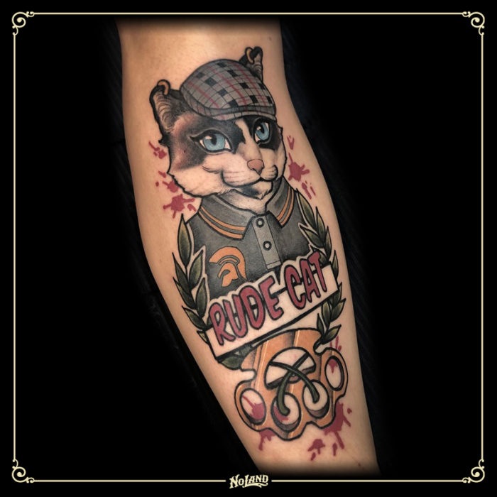 Maria Roca no land tattoo parlour neotradicional valencia cat rude gato