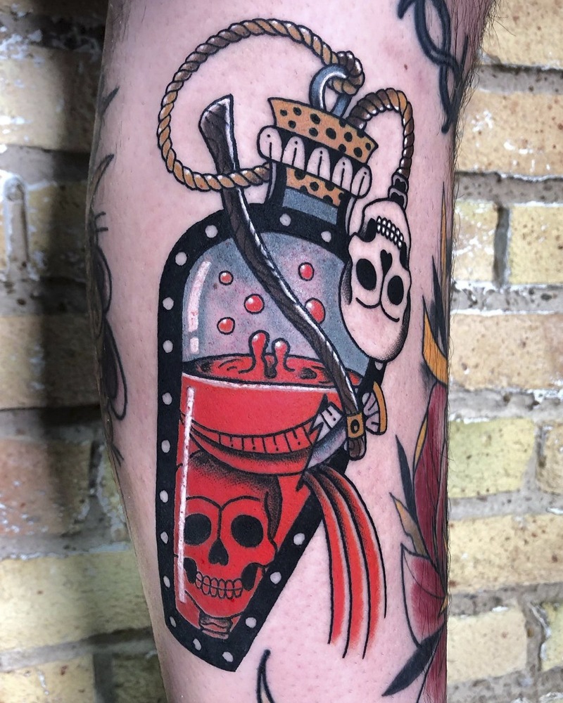 tatuajes valencia tatuaje isa santana no land tattoo parlour traditional botella muerte death bottle - No Land Tattoo Parlour